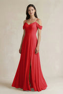 Off - the - Shoulder Chiffon A - Line Bridesmaid Dress in Ruby Red - KissProm Bridesmaid Dresses