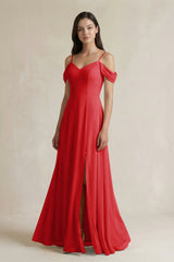 Off - the - Shoulder Chiffon A - Line Bridesmaid Dress in Ruby Red - KissProm Bridesmaid Dresses