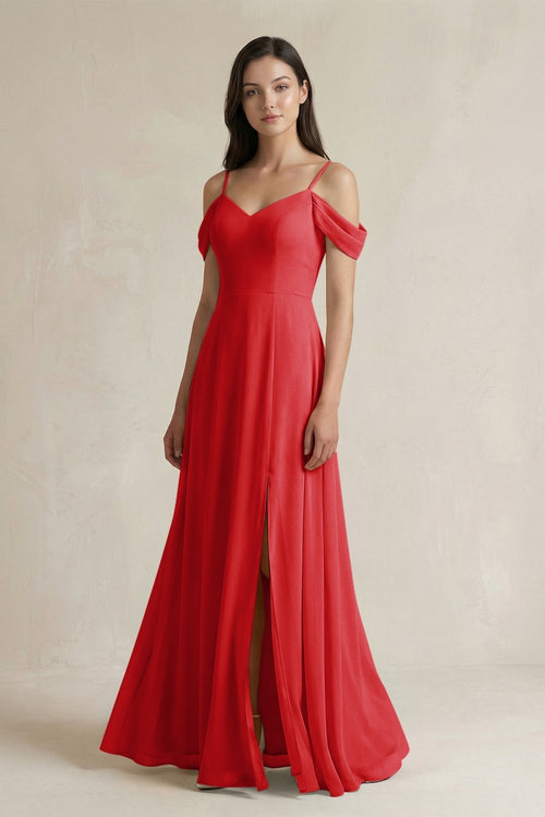 Off - the - Shoulder Chiffon A - Line Bridesmaid Dress in Ruby Red - KissProm Bridesmaid Dresses