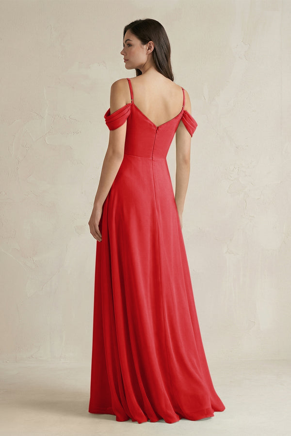 Off - the - Shoulder Chiffon A - Line Bridesmaid Dress in Ruby Red - KissProm Bridesmaid Dresses
