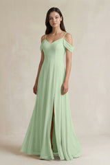Off - the - Shoulder Chiffon A - Line Bridesmaid Dress in Sage - KissProm Bridesmaid Dresses