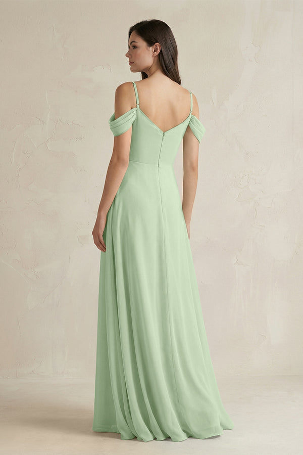 Off - the - Shoulder Chiffon A - Line Bridesmaid Dress in Sage - KissProm Bridesmaid Dresses