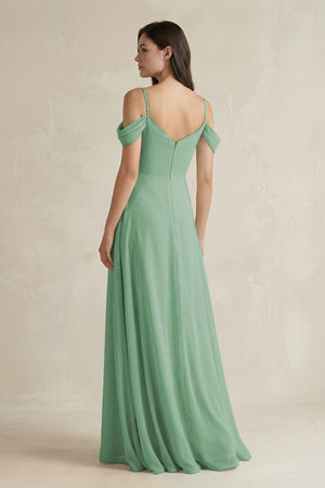 Off - the - Shoulder Chiffon A - Line Bridesmaid Dress in Sea Glass - KissProm Bridesmaid Dresses