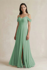 Off - the - Shoulder Chiffon A - Line Bridesmaid Dress in Sea Glass - KissProm Bridesmaid Dresses