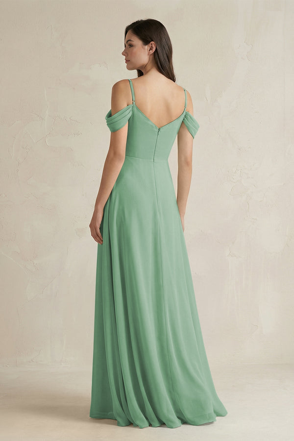 Off - the - Shoulder Chiffon A - Line Bridesmaid Dress in Sea Glass - KissProm Bridesmaid Dresses