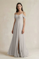 Off - the - Shoulder Chiffon A - Line Bridesmaid Dress in Silver - KissProm Bridesmaid Dresses