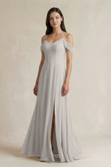 Off - the - Shoulder Chiffon A - Line Bridesmaid Dress in Silver - KissProm Bridesmaid Dresses