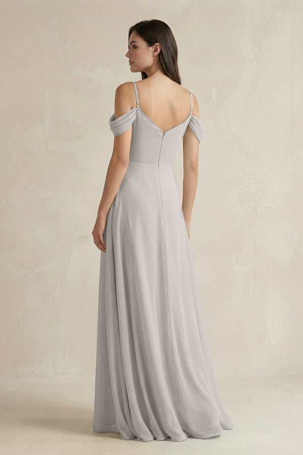 Off - the - Shoulder Chiffon A - Line Bridesmaid Dress in Silver - KissProm Bridesmaid Dresses