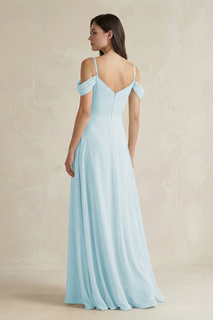 Off - the - Shoulder Chiffon A - Line Bridesmaid Dress in Sky Blue - KissProm Bridesmaid Dresses