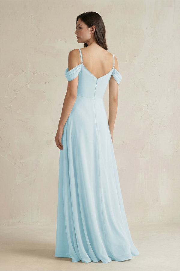 Off - the - Shoulder Chiffon A - Line Bridesmaid Dress in Sky Blue - KissProm Bridesmaid Dresses