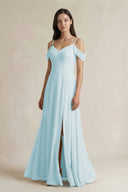Off - the - Shoulder Chiffon A - Line Bridesmaid Dress in Sky Blue - KissProm Bridesmaid Dresses
