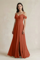 Off - the - Shoulder Chiffon A - Line Bridesmaid Dress in Spice - KissProm Bridesmaid Dresses