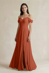 Off - the - Shoulder Chiffon A - Line Bridesmaid Dress in Spice - KissProm Bridesmaid Dresses