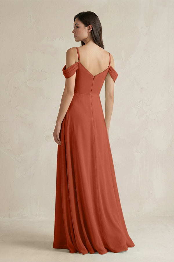 Off - the - Shoulder Chiffon A - Line Bridesmaid Dress in Spice - KissProm Bridesmaid Dresses