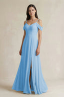 Off - the - Shoulder Chiffon A - Line Bridesmaid Dress in Steel Blue - KissProm Bridesmaid Dresses
