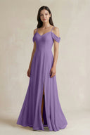 Off - the - Shoulder Chiffon A - Line Bridesmaid Dress in Tahiti - KissProm Bridesmaid Dresses