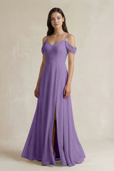 Off - the - Shoulder Chiffon A - Line Bridesmaid Dress in Tahiti - KissProm Bridesmaid Dresses