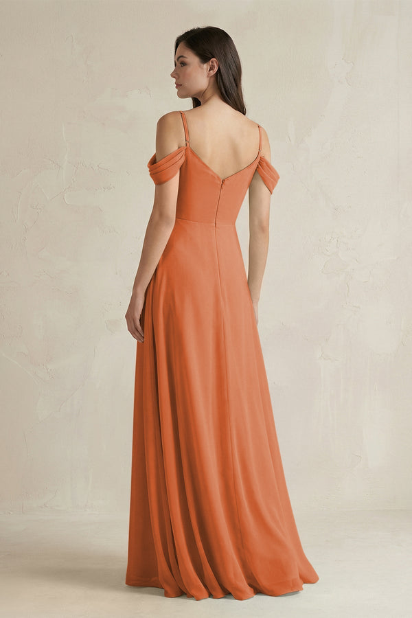 Off - the - Shoulder Chiffon A - Line Bridesmaid Dress in Terracotta - KissProm Bridesmaid Dresses