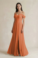 Off - the - Shoulder Chiffon A - Line Bridesmaid Dress in Terracotta - KissProm Bridesmaid Dresses