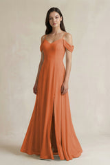 Off - the - Shoulder Chiffon A - Line Bridesmaid Dress in Terracotta - KissProm Bridesmaid Dresses
