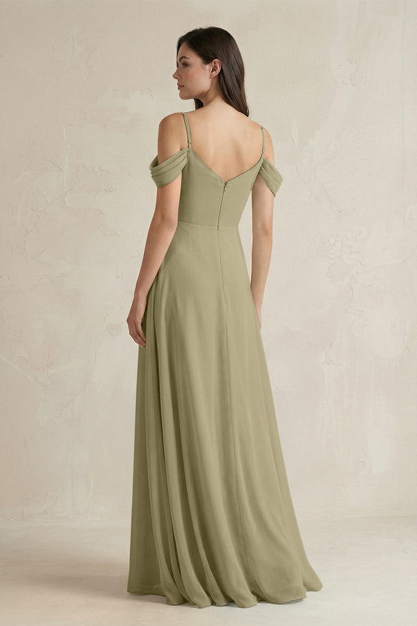 Off - the - Shoulder Chiffon A - Line Bridesmaid Dress in Thyme - KissProm Bridesmaid Dresses