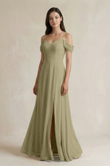 Off - the - Shoulder Chiffon A - Line Bridesmaid Dress in Thyme - KissProm Bridesmaid Dresses