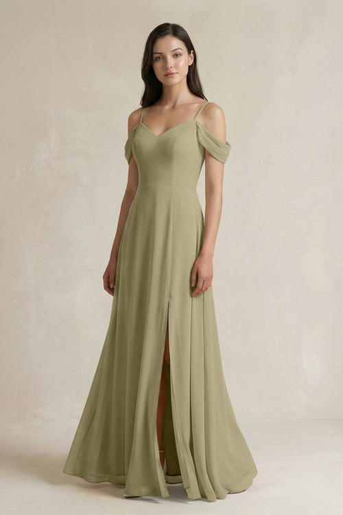Off - the - Shoulder Chiffon A - Line Bridesmaid Dress in Thyme - KissProm Bridesmaid Dresses