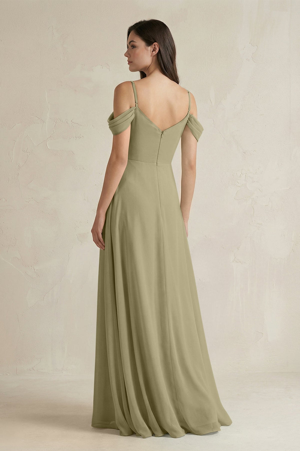 Off - the - Shoulder Chiffon A - Line Bridesmaid Dress in Thyme - KissProm Bridesmaid Dresses