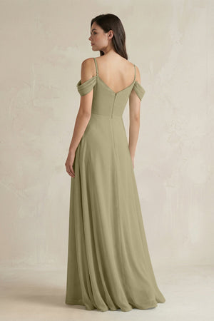 Off - the - Shoulder Chiffon A - Line Bridesmaid Dress in Thyme - KissProm Bridesmaid Dresses