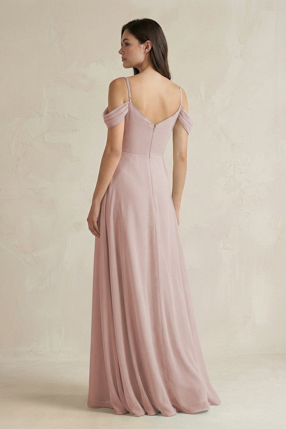Off - the - Shoulder Chiffon A - Line Bridesmaid Dress in Toffee - KissProm Bridesmaid Dresses