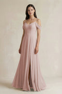 Off - the - Shoulder Chiffon A - Line Bridesmaid Dress in Toffee - KissProm Bridesmaid Dresses