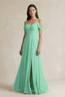 Off - the - Shoulder Chiffon A - Line Bridesmaid Dress in Turquoise - KissProm Bridesmaid Dresses
