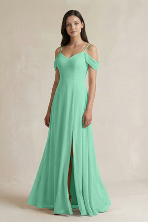 Off - the - Shoulder Chiffon A - Line Bridesmaid Dress in Turquoise - KissProm Bridesmaid Dresses