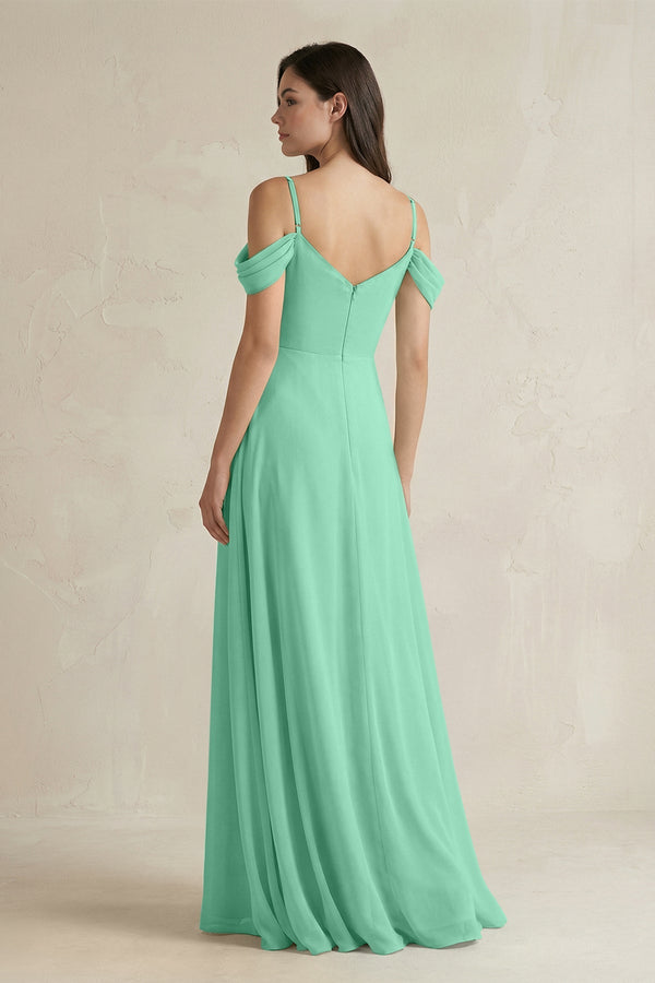 Off - the - Shoulder Chiffon A - Line Bridesmaid Dress in Turquoise - KissProm Bridesmaid Dresses