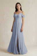 Off - the - Shoulder Chiffon A - Line Bridesmaid Dress in Twilight - KissProm Bridesmaid Dresses