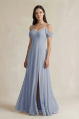 Off - the - Shoulder Chiffon A - Line Bridesmaid Dress in Twilight - KissProm Bridesmaid Dresses