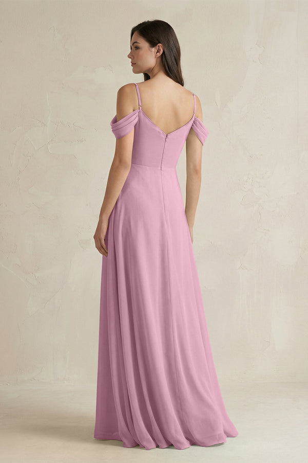 Off - the - Shoulder Chiffon A - Line Bridesmaid Dress in Vintage Mauve - KissProm Bridesmaid Dresses