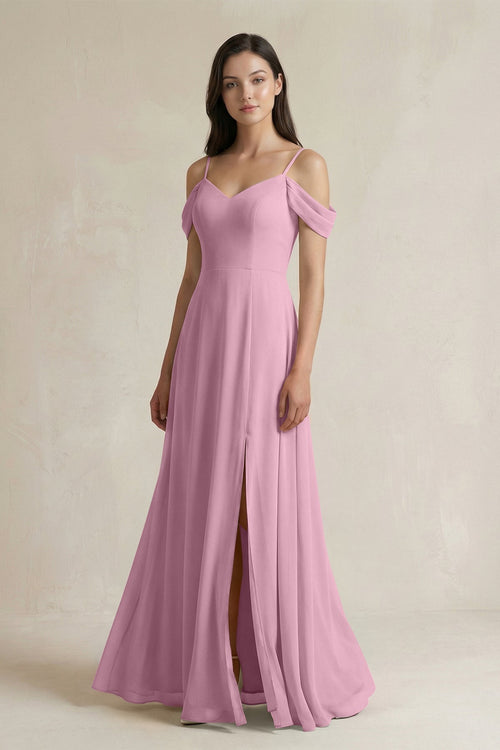 Off - the - Shoulder Chiffon A - Line Bridesmaid Dress in Vintage Mauve - KissProm Bridesmaid Dresses
