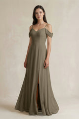 Off - the - Shoulder Chiffon A - Line Bridesmaid Dress in Willow Green - KissProm Bridesmaid Dresses