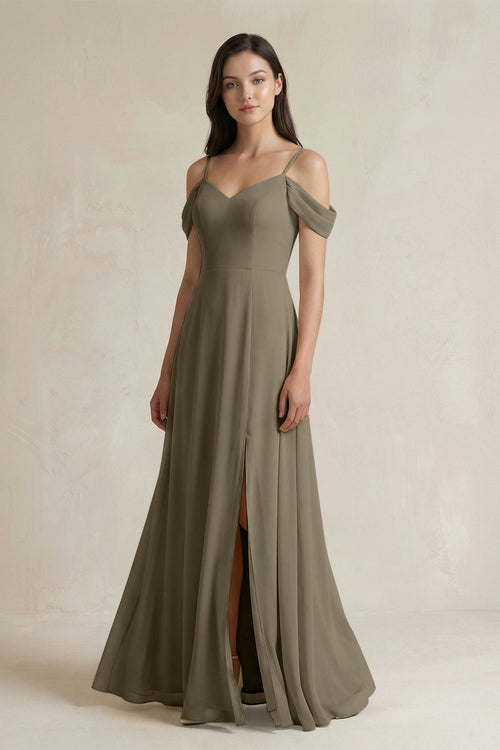 Off - the - Shoulder Chiffon A - Line Bridesmaid Dress in Willow Green - KissProm Bridesmaid Dresses