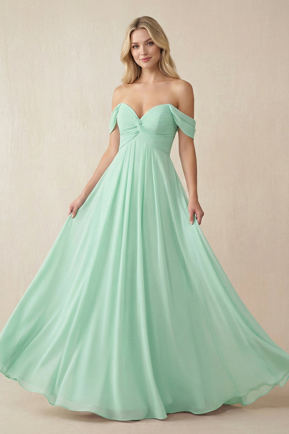 Off - the - Shoulder Chiffon A - Line Long Bridesmaid Dress - KissProm Bridesmaid Dresses