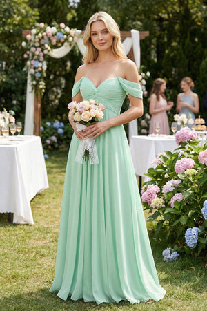 Off - the - Shoulder Chiffon A - Line Long Bridesmaid Dress - KissProm Bridesmaid Dresses