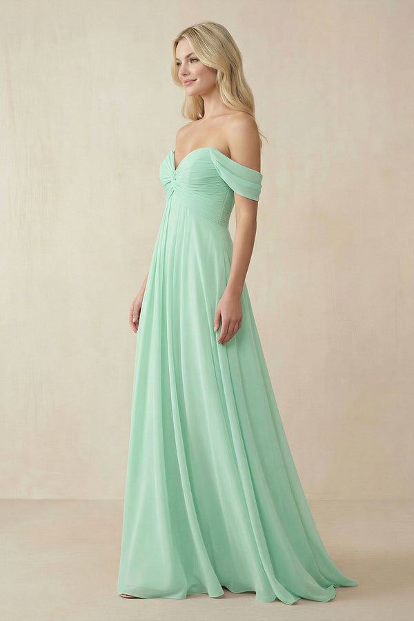 Off - the - Shoulder Chiffon A - Line Long Bridesmaid Dress - KissProm Bridesmaid Dresses