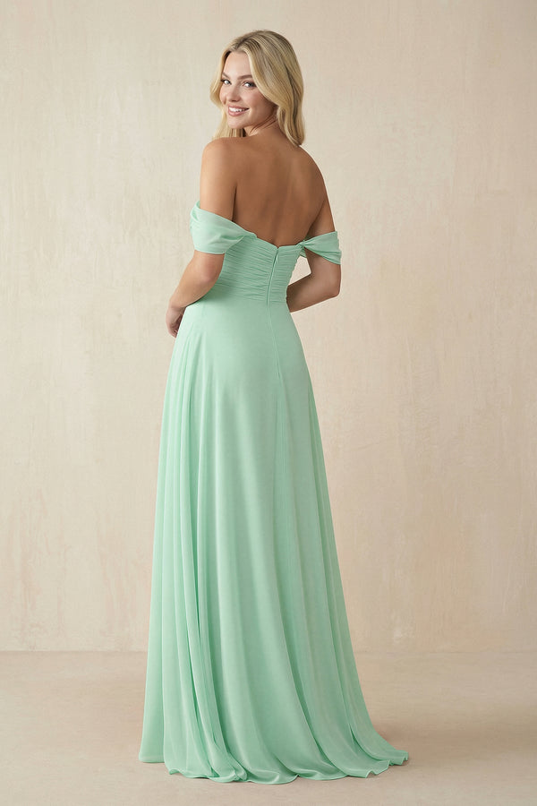 Off - the - Shoulder Chiffon A - Line Long Bridesmaid Dress - KissProm Bridesmaid Dresses