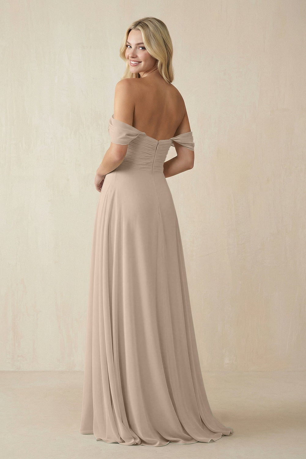 Off - the - Shoulder Chiffon A - Line Long Bridesmaid Dress in Almond - KissProm Bridesmaid Dresses