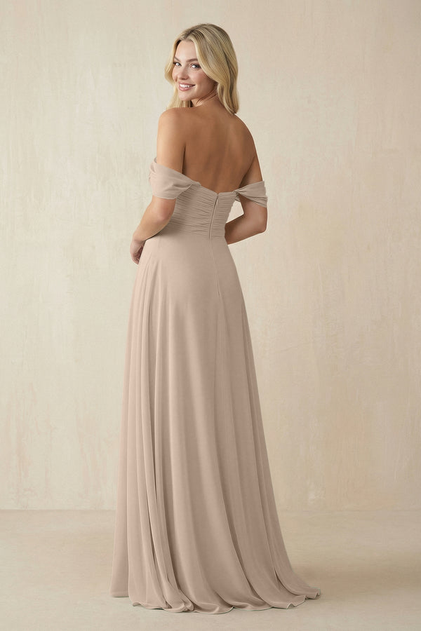 Off - the - Shoulder Chiffon A - Line Long Bridesmaid Dress in Almond - KissProm Bridesmaid Dresses