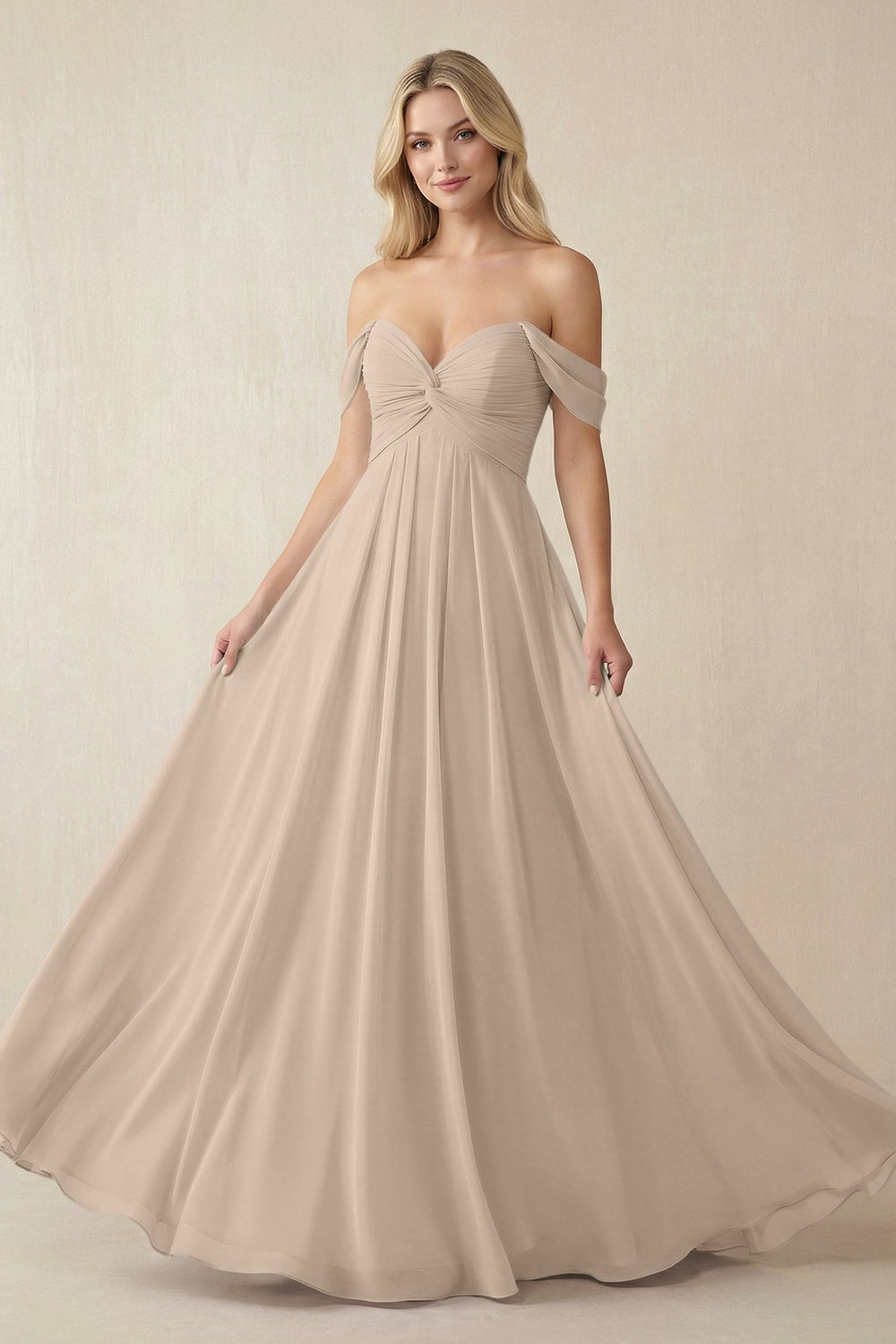 Off - the - Shoulder Chiffon A - Line Long Bridesmaid Dress in Almond - KissProm Bridesmaid Dresses