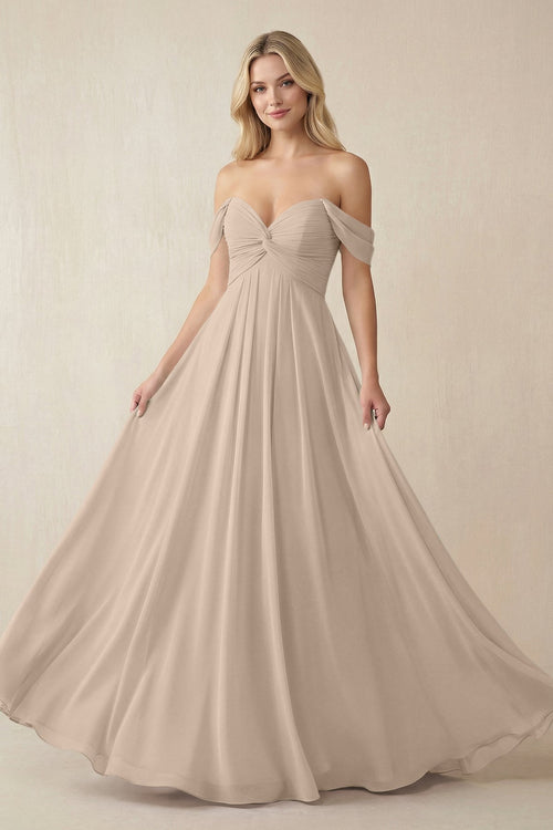Off - the - Shoulder Chiffon A - Line Long Bridesmaid Dress in Almond - KissProm Bridesmaid Dresses
