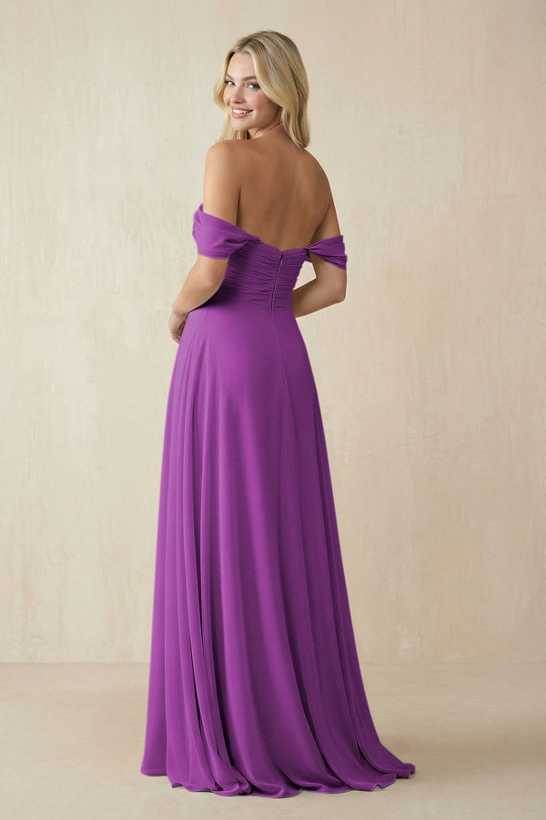 Off - the - Shoulder Chiffon A - Line Long Bridesmaid Dress in Amethyst - KissProm Bridesmaid Dresses