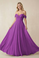 Off - the - Shoulder Chiffon A - Line Long Bridesmaid Dress in Amethyst - KissProm Bridesmaid Dresses